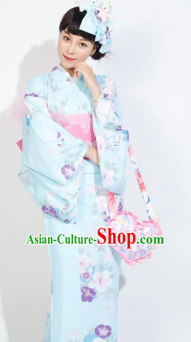 Japanese Classical Printing Flowers Light Blue Yukata Dress Asian Japan Traditional Costume Geisha Furisode Kimono for Women