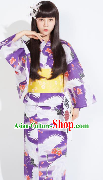 Japanese Classical Printing Cranes Purple Yukata Dress Asian Japan Traditional Costume Geisha Furisode Kimono for Women