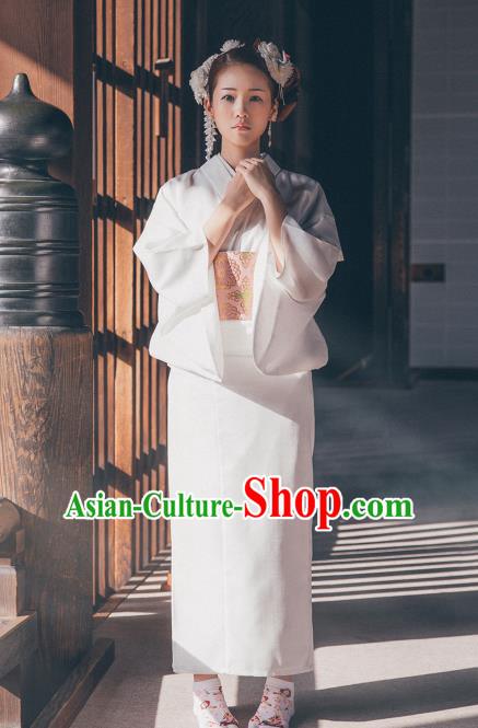 Japanese Classical Court White Yukata Robe Asian Japan Traditional Costume Geisha Furisode Kimono Dress for Women