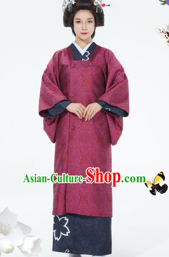 Japanese Classical Court Wine Red Yukata Robe Asian Japan Traditional Costume Geisha Furisode Kimono Dress for Women