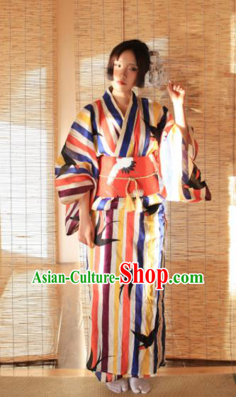 Japanese Classical Printing Swallow Kimono Asian Japan Traditional Costume Geisha Yukata Dress for Women