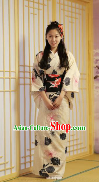 Japanese Classical Printing Chrysanthemum White Kimono Asian Japan Traditional Costume Geisha Yukata Dress for Women