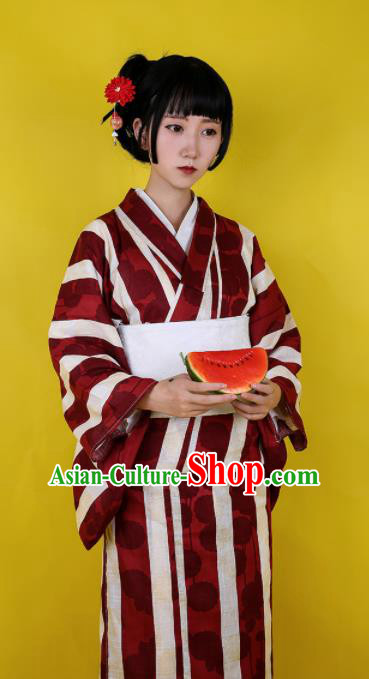 Japanese Classical Wine Red Kimono Asian Japan Traditional Costume Geisha Yukata Dress for Women