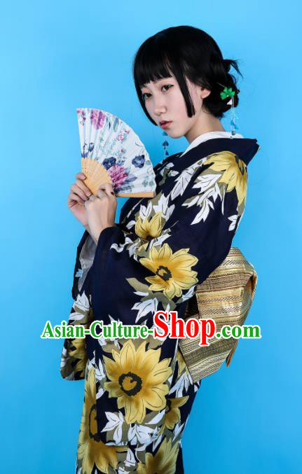 Japanese Classical Printing Yellow Flowers Kimono Asian Japan Traditional Costume Geisha Yukata Dress for Women