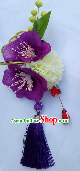 Japanese Traditional Geisha Kimono Hair Accessories Japan Yukata Purple Flowers Tassel Hair Claws for Women