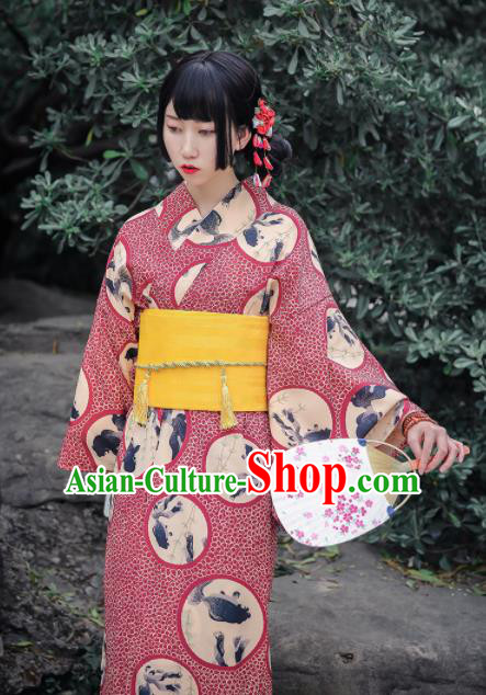 Japanese Classical Printing Wine Red Kimono Asian Japan Traditional Costume Geisha Yukata Dress for Women