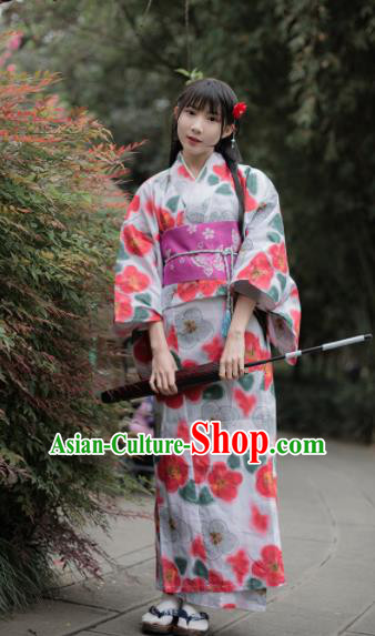 Japanese Classical Printing Sakura White Kimono Asian Japan Traditional Costume Geisha Yukata Dress for Women