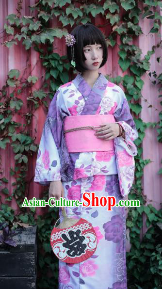 Japanese Classical Printing Peony Purple Furisode Kimono Asian Japan Traditional Costume Geisha Yukata Dress for Women