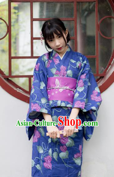 Japanese Classical Printing Blue Furisode Kimono Asian Japan Traditional Costume Geisha Yukata Dress for Women