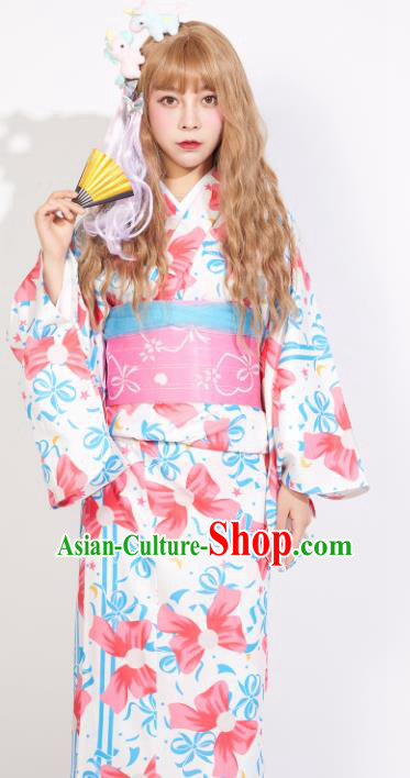Japanese Classical Printing Bowknot Yukata Dress Asian Japan Traditional Costume Geisha Kimono for Women