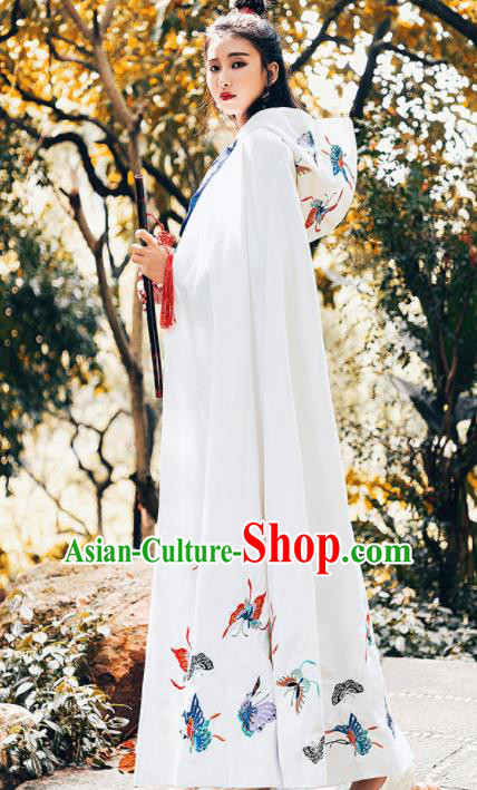 Ancient Chinese Ming Dynasty Historical Costume Traditional Palace Princess Embroidered Butterfly White Cloak for Women