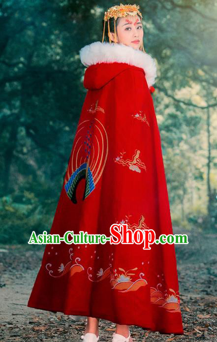 Ancient Chinese Ming Dynasty Historical Costume Traditional Palace Princess Embroidered Red Cloak for Women