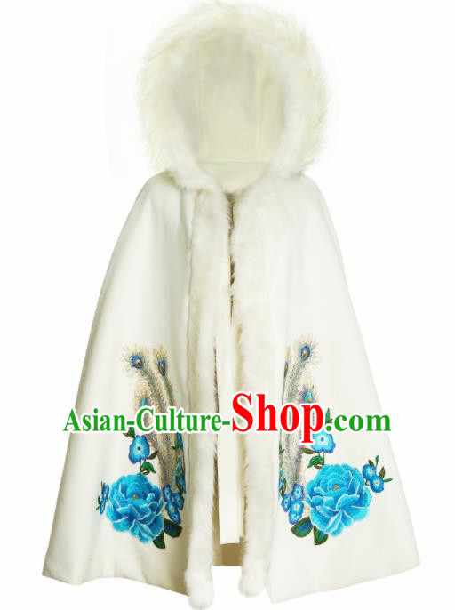 Ancient Chinese Ming Dynasty Historical Costume Traditional Palace Princess Embroidered Peony White Cloak for Women
