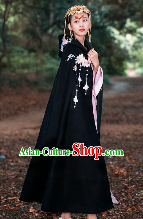 Ancient Chinese Ming Dynasty Historical Costume Traditional Palace Princess Embroidered Black Cloak for Women