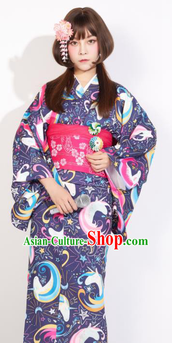 Japanese Classical Printing Unicorn Purple Yukata Dress Asian Japan Traditional Costume Geisha Kimono for Women