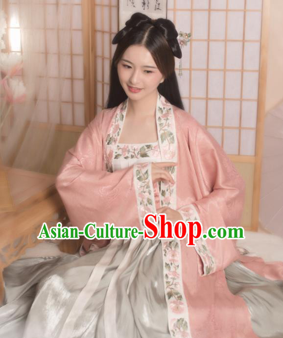 Ancient Chinese Song Dynasty Courtesan Historical Costume Traditional Nobility Lady Embroidered Pink Hanfu Dress for Women