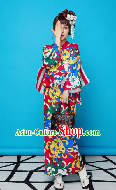 Japanese Classical Printing Chrysanthemum Red Yukata Robe Asian Japan Traditional Costume Geisha Furisode Kimono Dress for Women