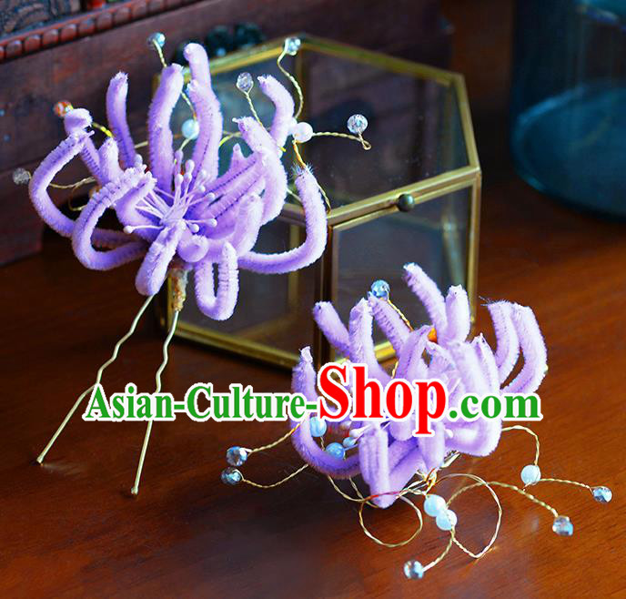 Traditional Chinese Ancient Palace Purple Velvet Chrysanthemum Hair Clip Hairpins Handmade Wedding Hair Accessories for Women