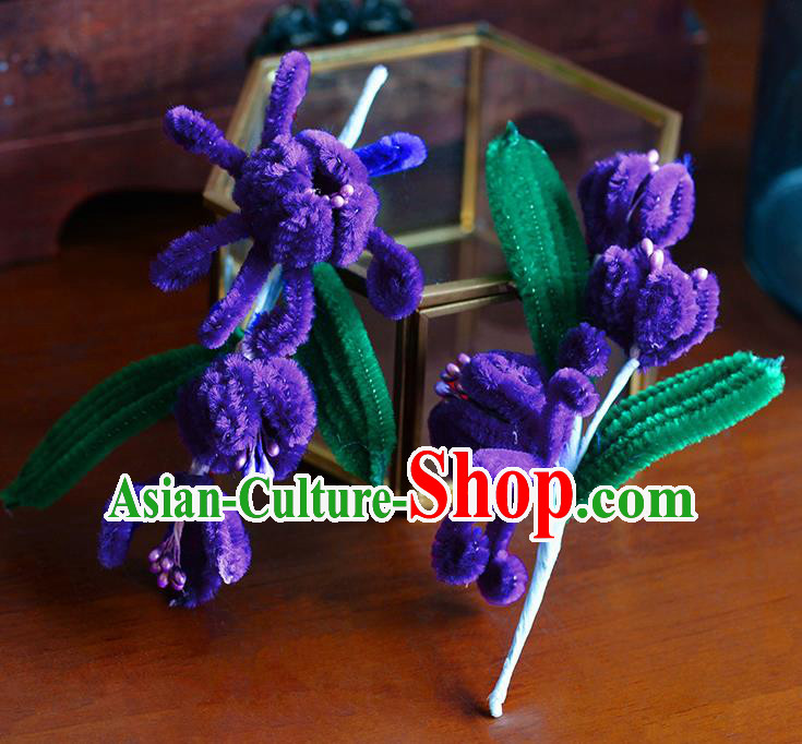 Traditional Chinese Ancient Palace Purple Velvet Flowers Hair Clip Hairpins Handmade Wedding Hair Accessories for Women