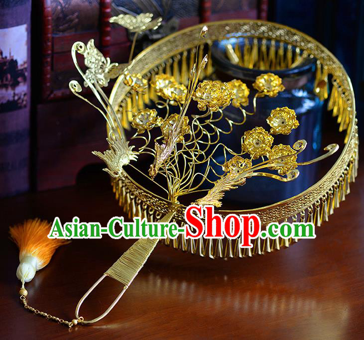 Traditional Chinese Ancient Golden Tassel Palace Fans Handmade Wedding Accessories Fans for Women
