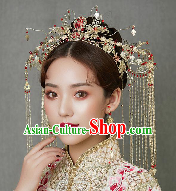 Traditional Chinese Handmade Wedding Hair Accessories Ancient Bride Phoenix Coronet Tassel Hairpins for Women