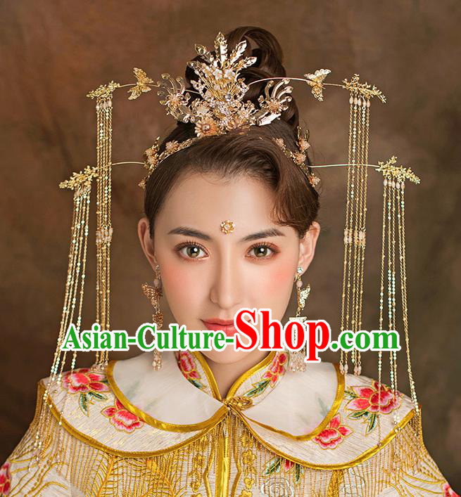 Traditional Chinese Handmade Wedding Hair Accessories Ancient Bride Golden Phoenix Coronet Tassel Hairpins for Women