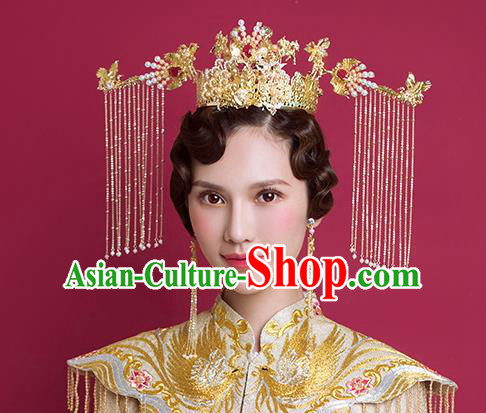 Traditional Chinese Ancient Bride Phoenix Coronet Tassel Hairpins Handmade Wedding Hair Accessories for Women