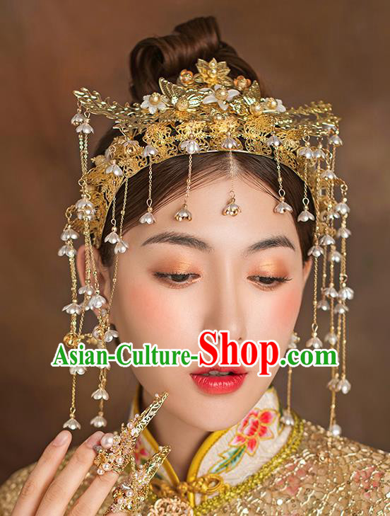 Traditional Chinese Ancient Bride Tassel Hairpins Golden Phoenix Coronet Handmade Wedding Hair Accessories for Women