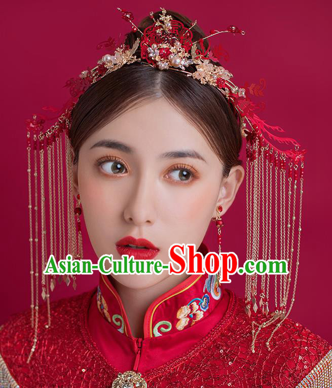 Traditional Chinese Ancient Bride Tassel Hairpins Red Phoenix Coronet Handmade Wedding Hair Accessories for Women