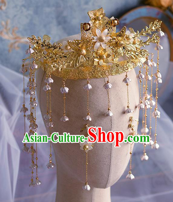 Traditional Chinese Ancient Bride Tassel Hairpins Golden Phoenix Coronet Handmade Wedding Hair Accessories for Women
