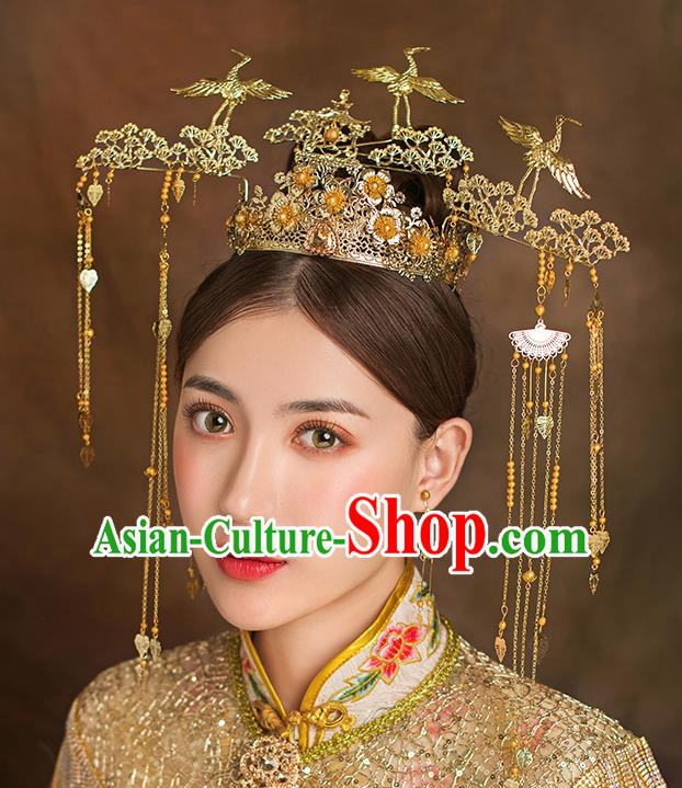 Traditional Chinese Ancient Bride Tassel Hairpins Crane Pine Phoenix Coronet Handmade Wedding Hair Accessories for Women