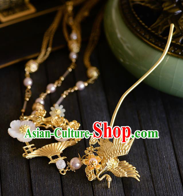 Traditional Chinese Ancient Bride Golden Crane Tassel Hairpins Handmade Wedding Hair Accessories for Women