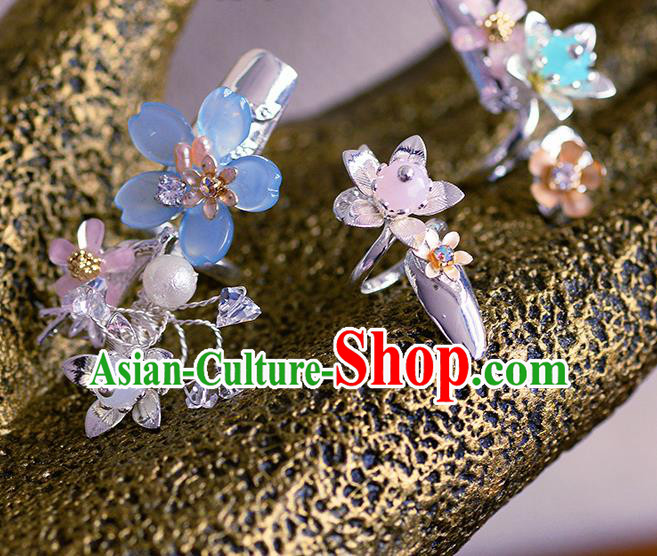 Traditional Chinese Ancient Palace Blue Flower Nail Wrap Handmade Wedding Fingernail Accessories for Women