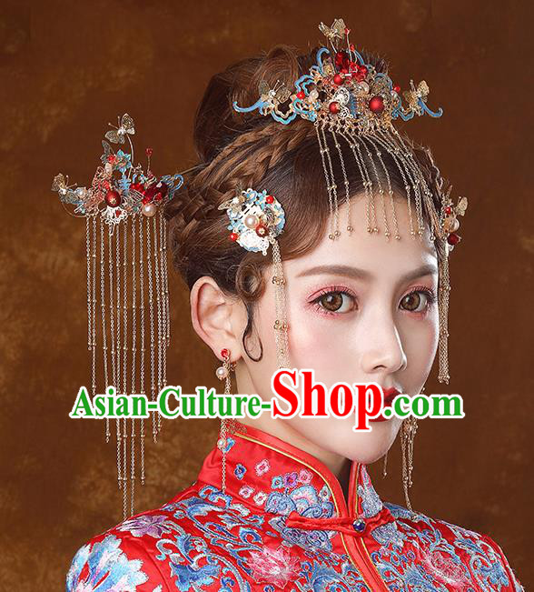 Traditional Chinese Ancient Bride Tassel Hairpins Cloisonne Phoenix Coronet Handmade Wedding Hair Accessories for Women