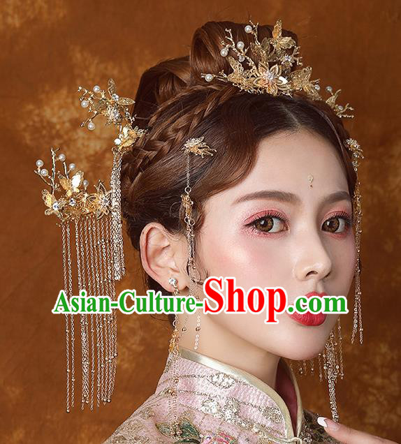 Traditional Chinese Ancient Bride Tassel Hairpins Golden Hair Comb Handmade Wedding Hair Accessories for Women