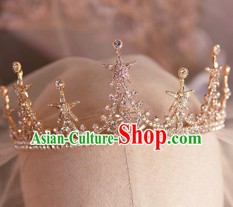 Handmade Wedding Hair Accessories Baroque Bride Crystal Star Golden Royal Crown for Women