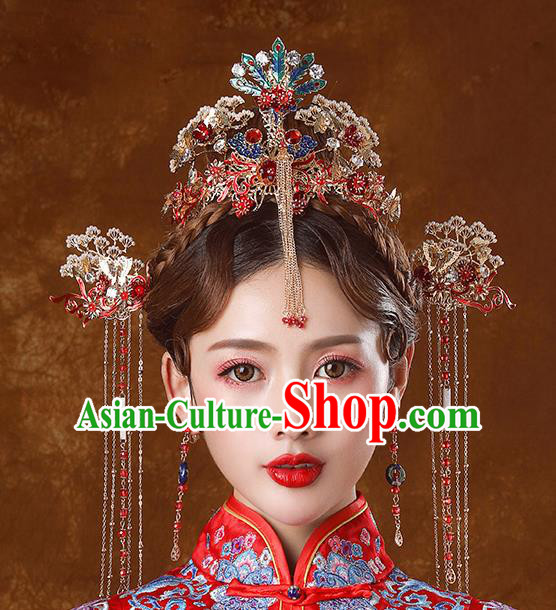 Traditional Chinese Ancient Bride Tassel Hairpins Cloisonne Phoenix Coronet Handmade Wedding Hair Accessories for Women