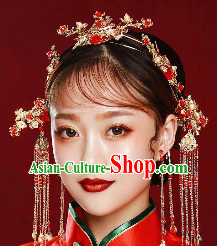 Traditional Chinese Ancient Bride Tassel Hairpins Red Agate Hair Crown Handmade Wedding Hair Accessories for Women