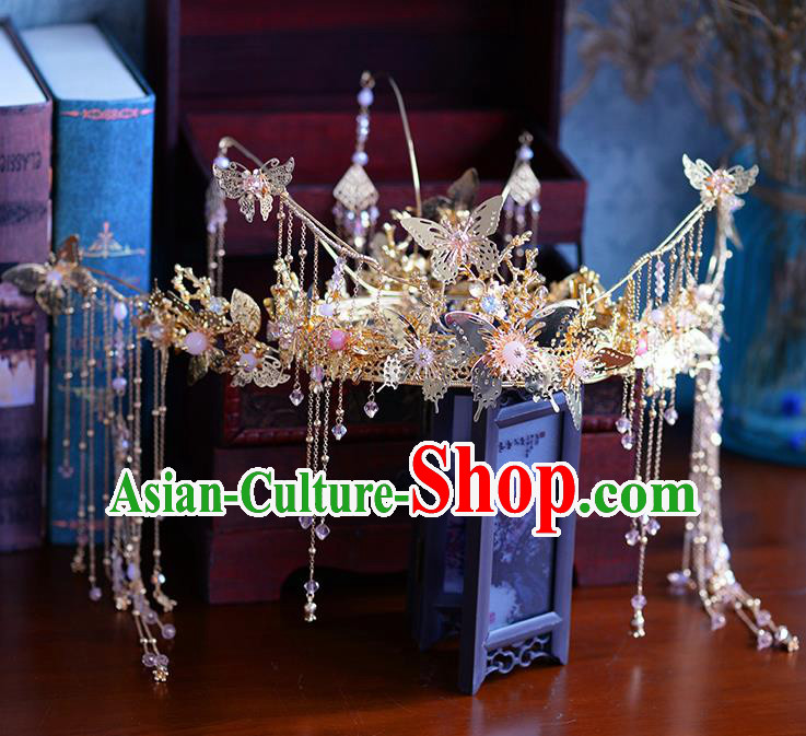 Traditional Chinese Ancient Bride Hairpins Butterfly Tassel Phoenix Coronet Handmade Wedding Hair Accessories for Women
