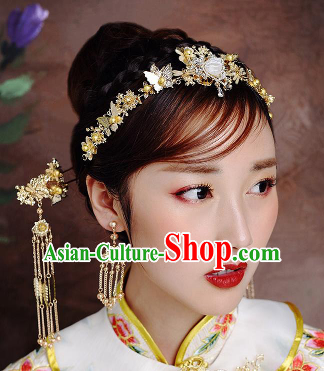 Traditional Chinese Ancient Bride Hairpins Tassel Shell Butterfly Hair Clasp Handmade Wedding Hair Accessories for Women