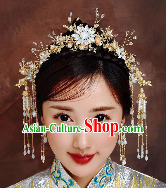 Traditional Chinese Ancient Bride Hairpins Tassel Opal Hair Clasp Handmade Wedding Hair Accessories for Women