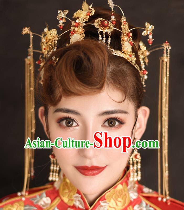 Traditional Chinese Ancient Tassel Phoenix Coronet Bride Hairpins Handmade Wedding Hair Accessories for Women