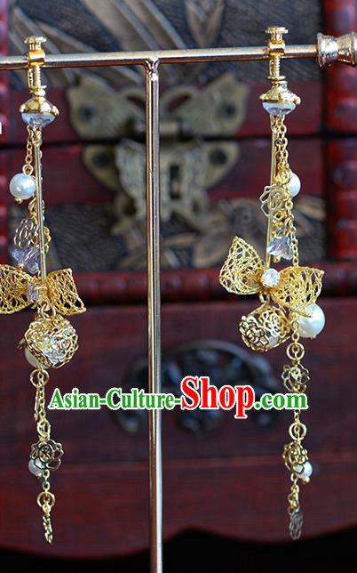 Traditional Chinese Ancient Palace Golden Bowknot Earrings Handmade Wedding Ear Accessories for Women