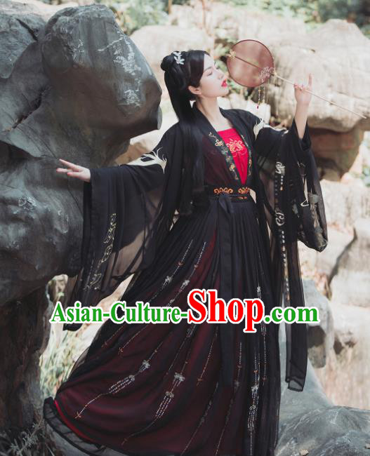 Chinese Tang Dynasty Historical Costume Traditional Ancient Swordswoman Black Hanfu Dress for Women