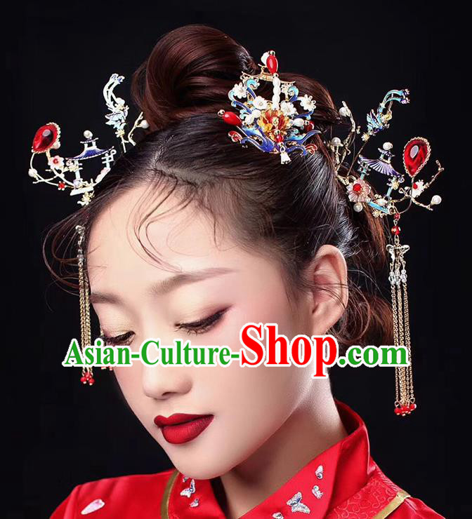 Traditional Chinese Ancient Cloisonne Phoenix Hair Crown Bride Hairpins Handmade Wedding Hair Accessories for Women