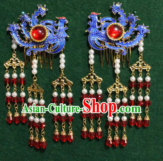 Traditional Chinese Ancient Palace Cloisonne Phoenix Agate Hair Comb Tassel Hairpins Handmade Wedding Hair Accessories for Women