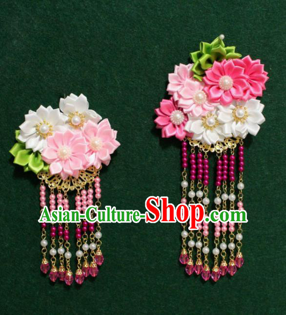 Traditional Chinese Ancient Tang Dynasty Palace Flowers Hair Claw Rosy Tassel Hairpins Handmade Wedding Hair Accessories for Women