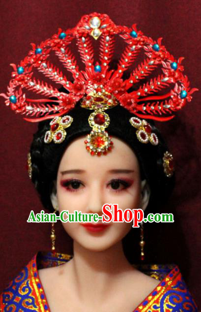 Traditional Chinese Ancient Hanfu Red Phoenix Coronet Bride Hairpins Handmade Wedding Hair Accessories for Women