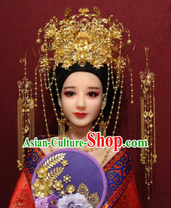 Traditional Chinese Ancient Queen Hanfu Luxury Golden Phoenix Coronet Bride Hairpins Handmade Wedding Hair Accessories for Women