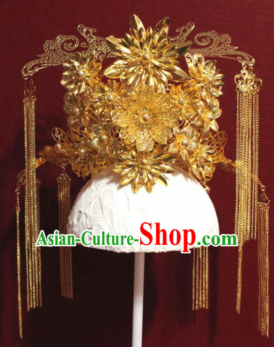 Traditional Chinese Ancient Queen Hanfu Golden Phoenix Coronet Bride Hairpins Handmade Wedding Hair Accessories for Women